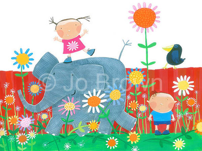 An illustration of a happy little girl standing on an elephants back with a little boy and a crow in a garden by Jo Brown Illustrator.