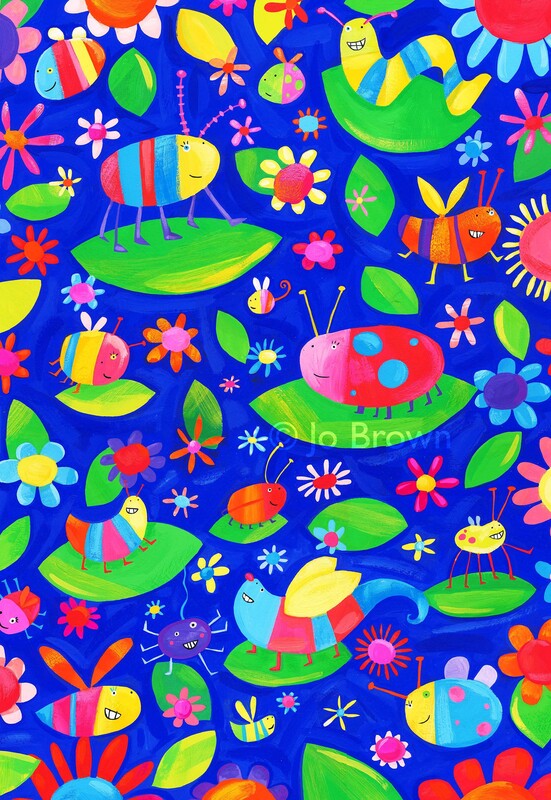 Painting of cute multi coloured bugs on leaves with a background of flowers and deep blue by Jo Brown Illustrator.