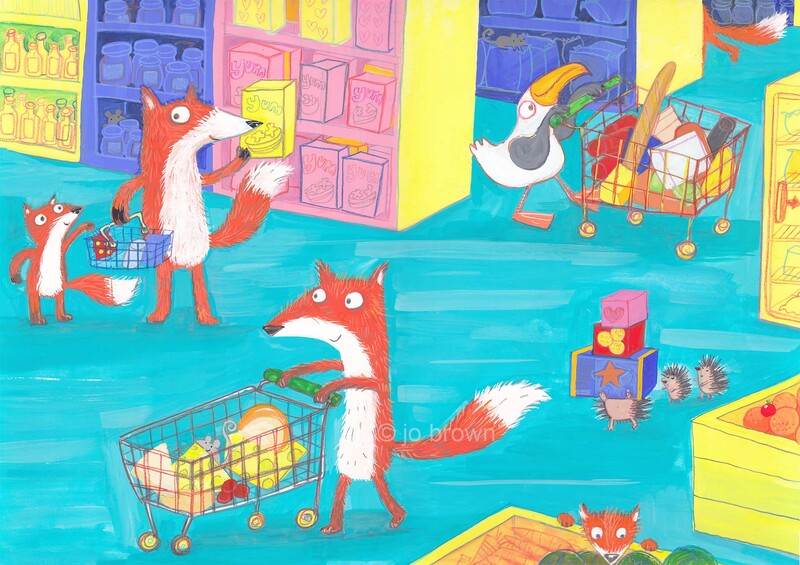 A painted illustration of foxes and a seagull shopping in a supermarket by Jo Brown Illustrator.